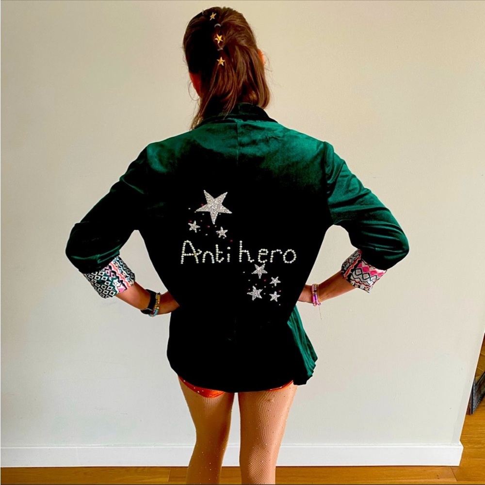 Anti-hero jacket— patch and rhinestone work done by me.